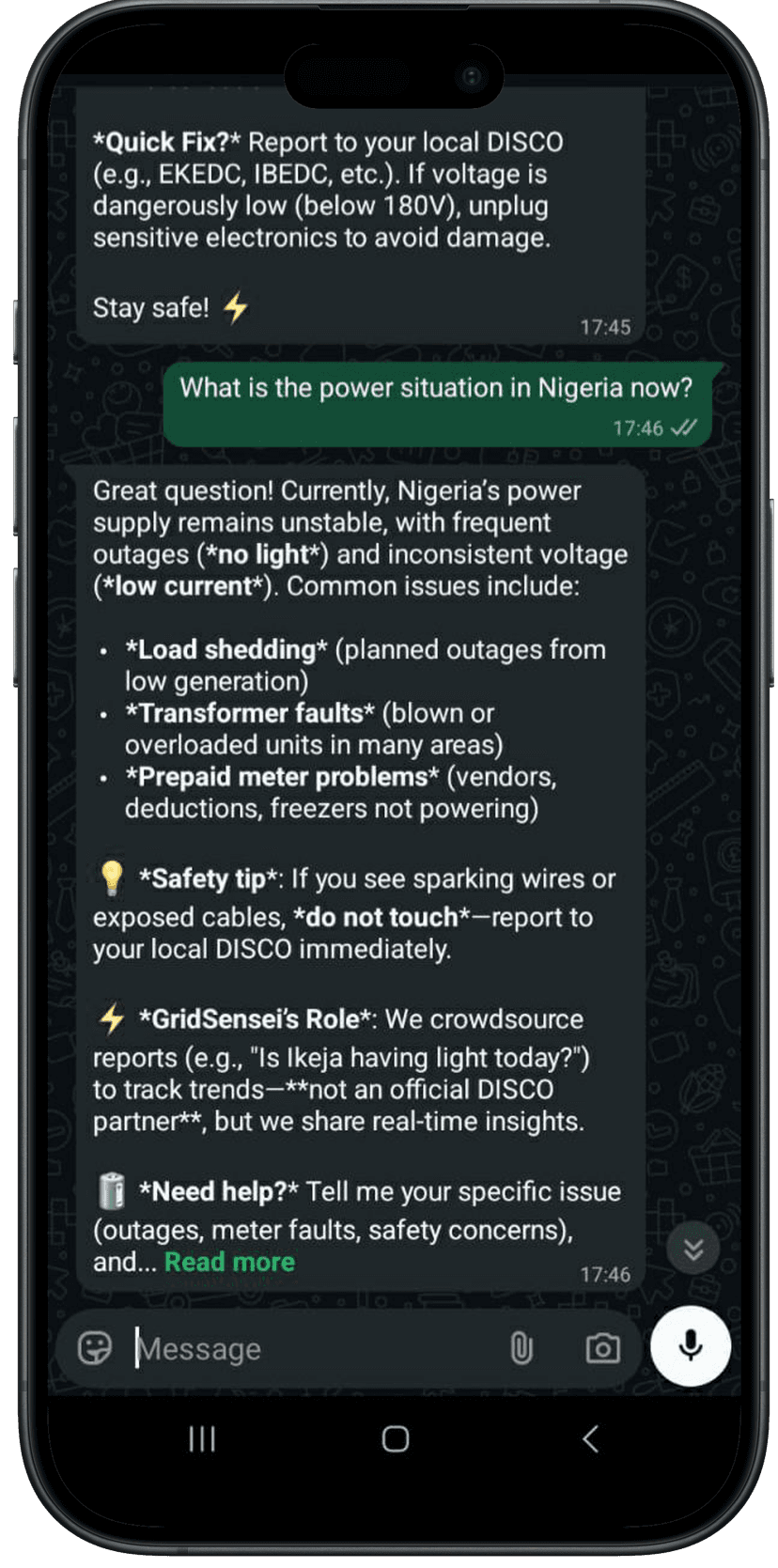GridSenseni WhatsApp chat interface showing outage updates and power issue reporting